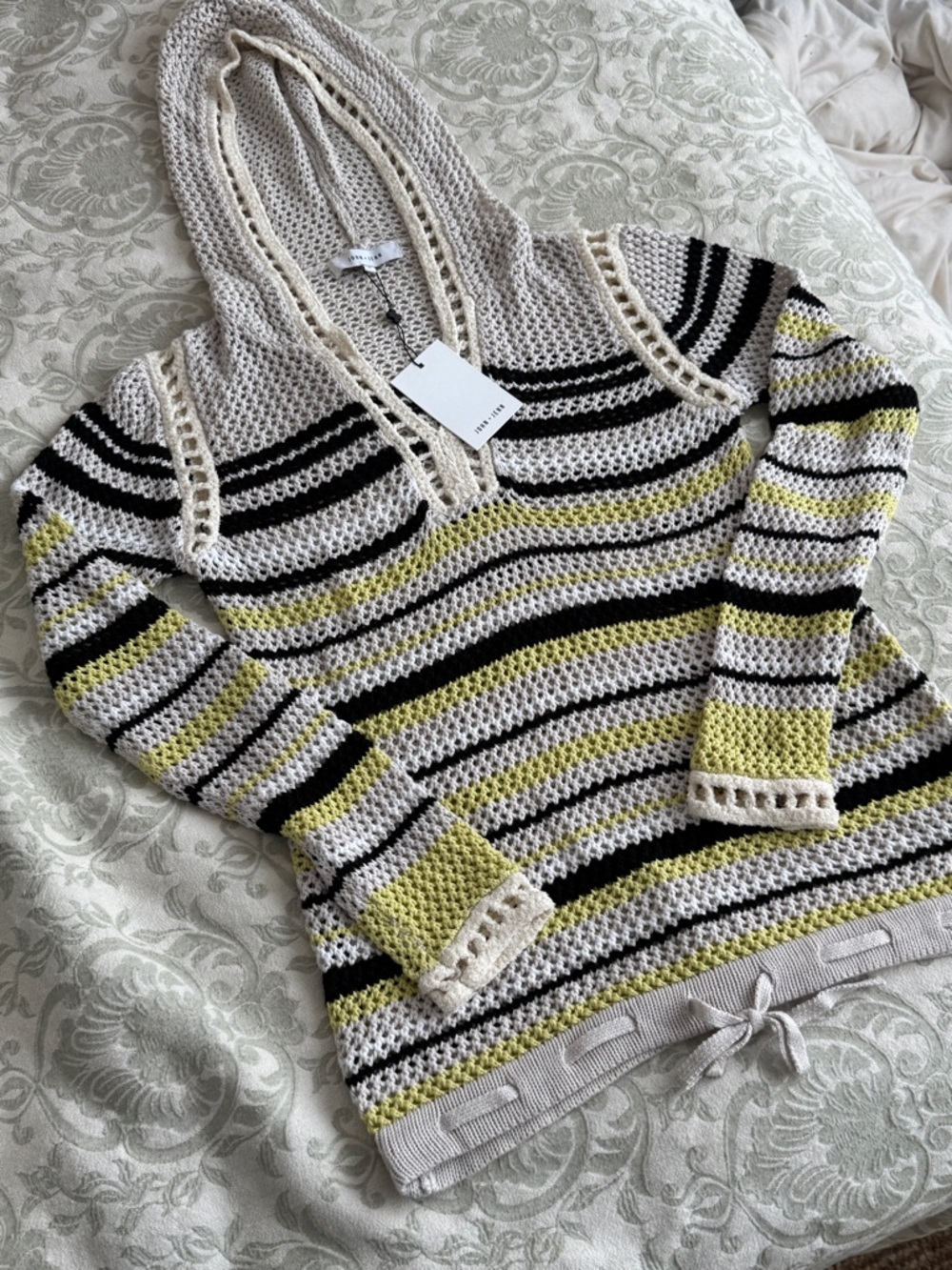 John + Jenn Striped V-Neck Hooded Crochet Sweater - Cream, Black & Yellow